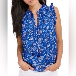 Vineyard Vines 100% Cotton Anegada Floral Print Ruffle Top Blue Size Small